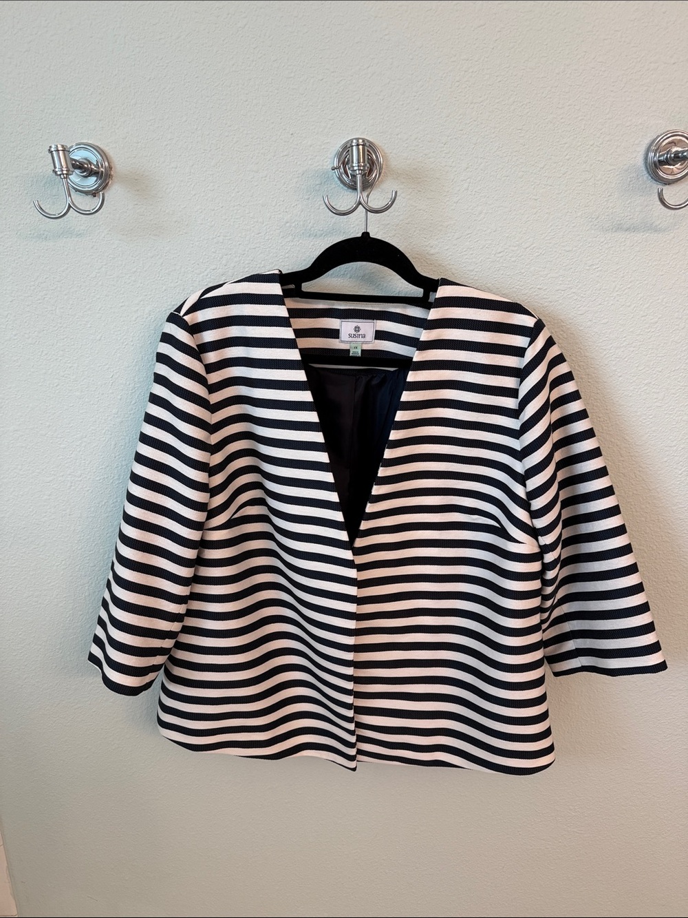 Susina Black and White Striped Open-Front Blazer